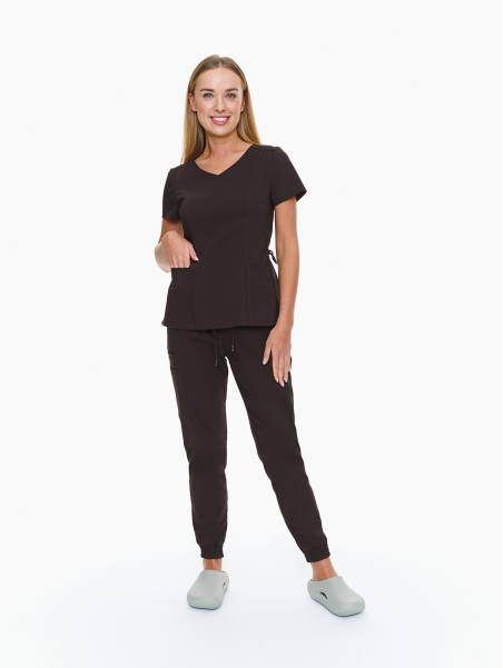 Scrub bluza medyczna Palermo + joggery Verona Chocolate w kolorze brązowym